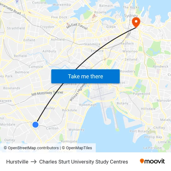 Hurstville to Charles Sturt University Study Centres map
