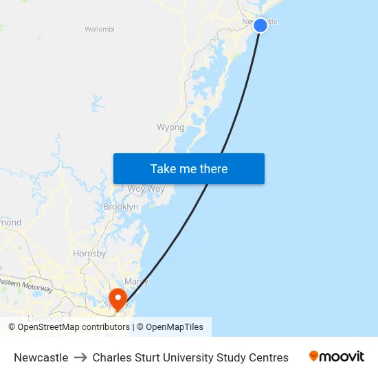 Newcastle to Charles Sturt University Study Centres map