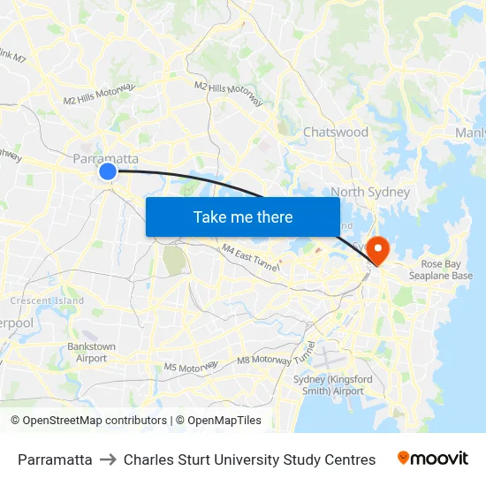 Parramatta to Charles Sturt University Study Centres map