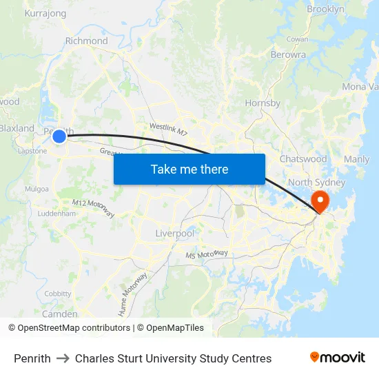 Penrith to Charles Sturt University Study Centres map