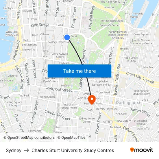 Sydney to Charles Sturt University Study Centres map