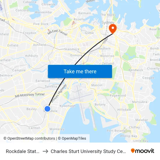 Rockdale Station to Charles Sturt University Study Centres map