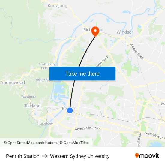 Penrith Station to Western Sydney University map