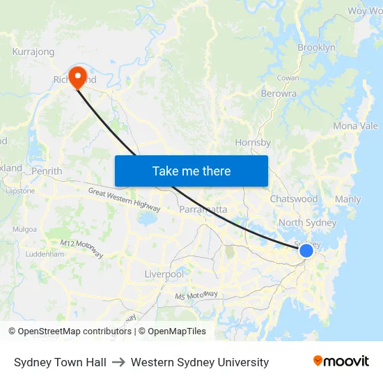 Sydney Town Hall to Western Sydney University map