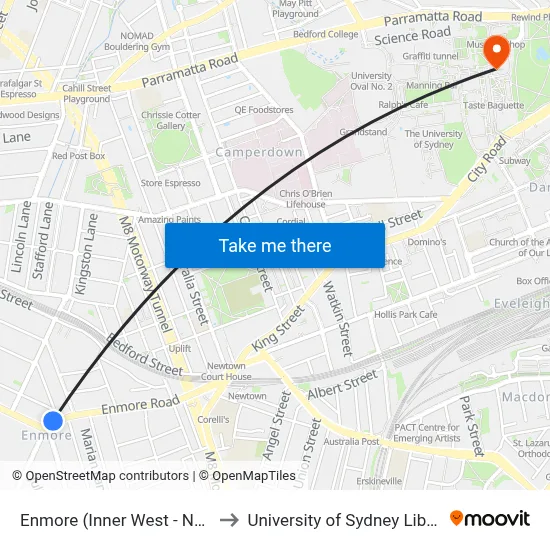 Enmore (Inner West - NSW) to University of Sydney Library map