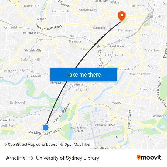 Arncliffe to University of Sydney Library map