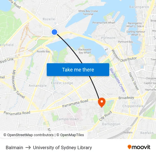 Balmain to University of Sydney Library map