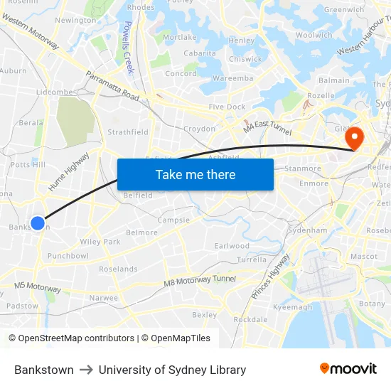 Bankstown to University of Sydney Library map