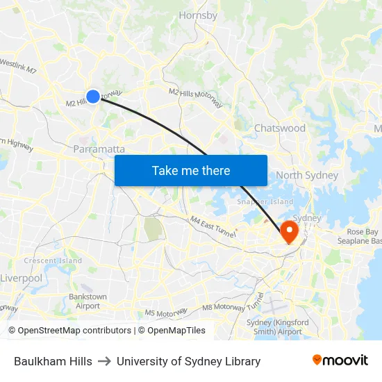 Baulkham Hills to University of Sydney Library map