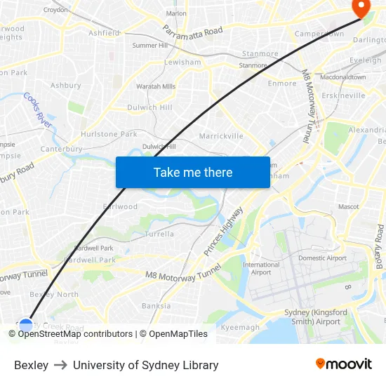 Bexley to University of Sydney Library map
