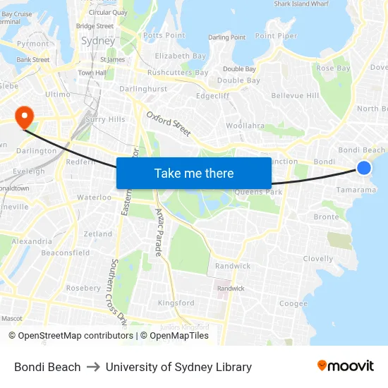 Bondi Beach to University of Sydney Library map