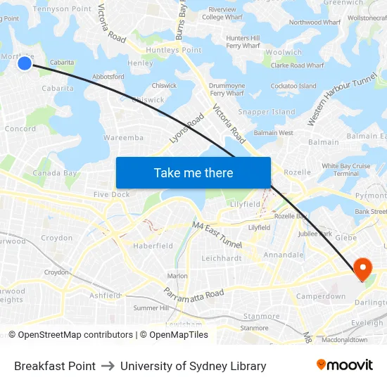 Breakfast Point to University of Sydney Library map