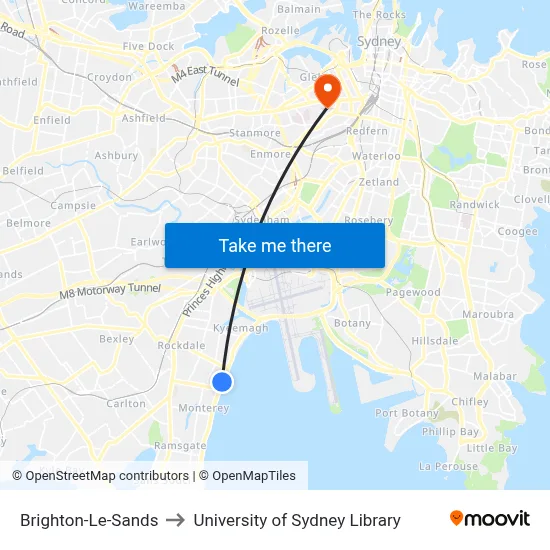 Brighton-Le-Sands to University of Sydney Library map