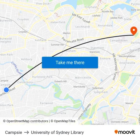 Campsie to University of Sydney Library map