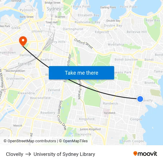 Clovelly to University of Sydney Library map