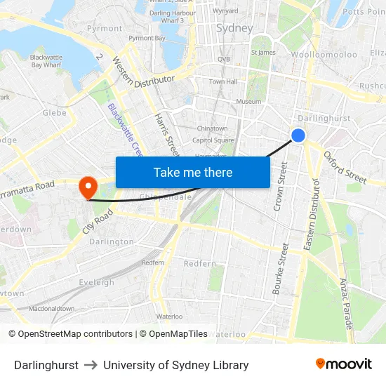 Darlinghurst to University of Sydney Library map