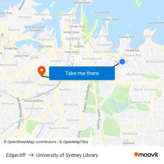 Edgecliff to University of Sydney Library map