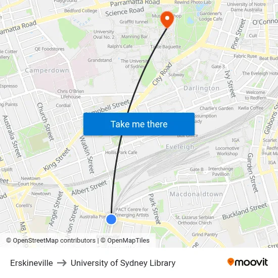 Erskineville to University of Sydney Library map