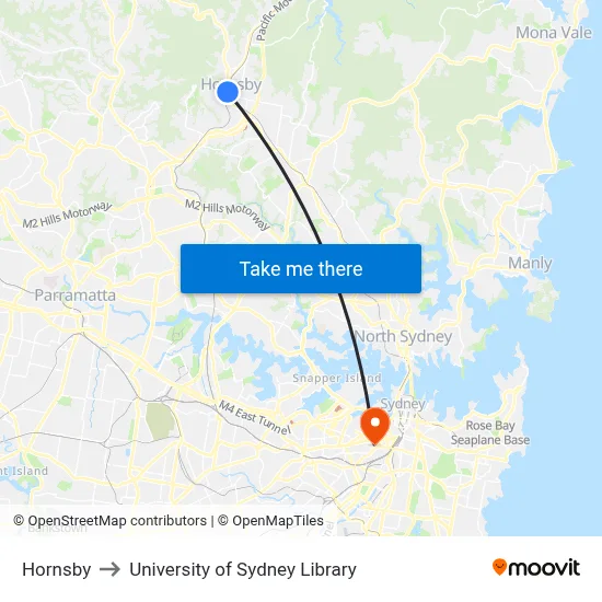 Hornsby to University of Sydney Library map