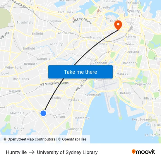 Hurstville to University of Sydney Library map