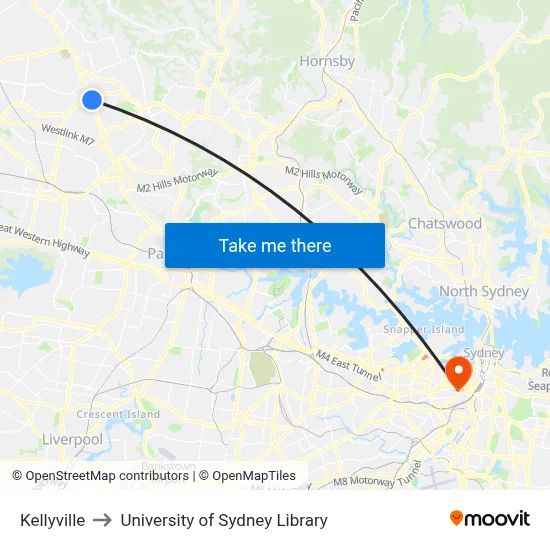 Kellyville to University of Sydney Library map
