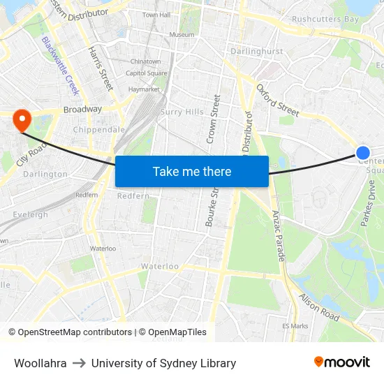 Woollahra to University of Sydney Library map