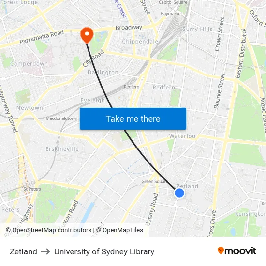 Zetland to University of Sydney Library map