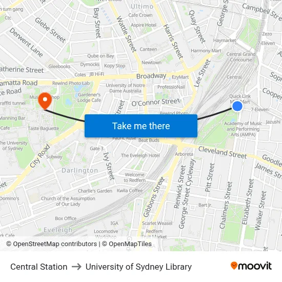 Central Station to University of Sydney Library map
