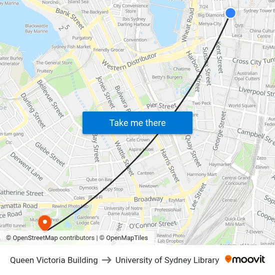 Queen Victoria Building to University of Sydney Library map