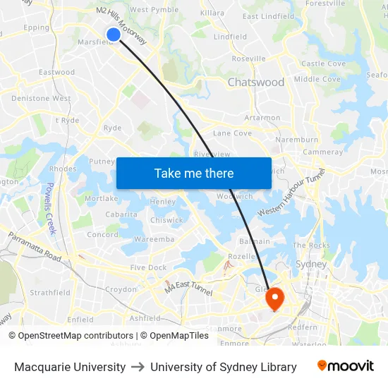 Macquarie University to University of Sydney Library map