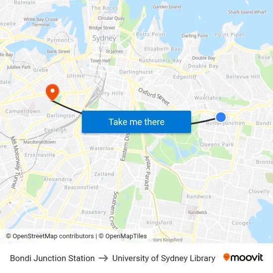 Bondi Junction Station to University of Sydney Library map