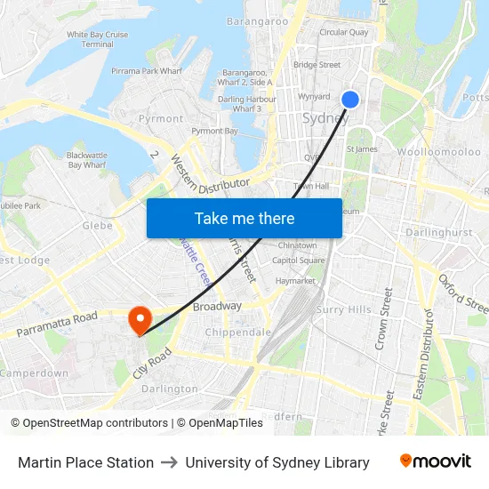 Martin Place Station to University of Sydney Library map
