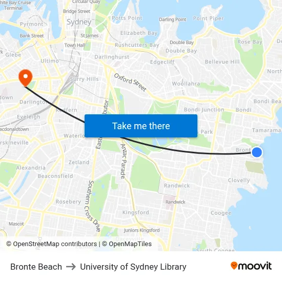 Bronte Beach to University of Sydney Library map