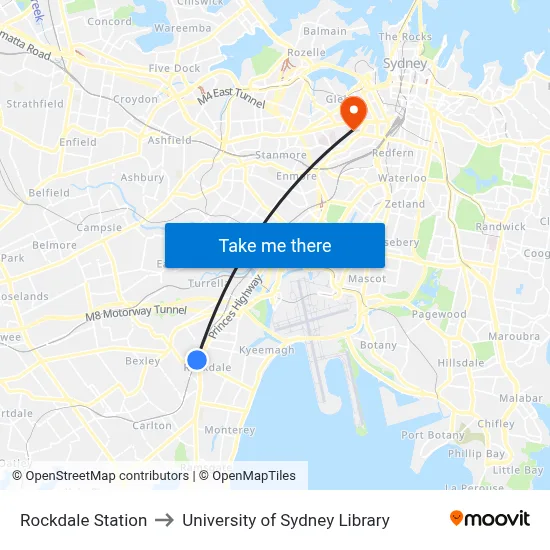 Rockdale Station to University of Sydney Library map