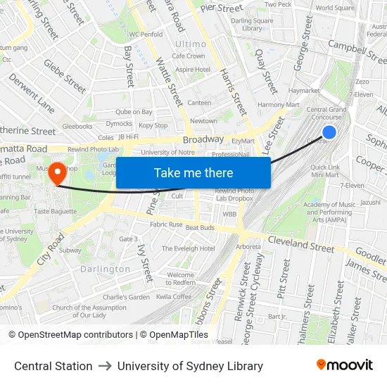 Central Station to University of Sydney Library map