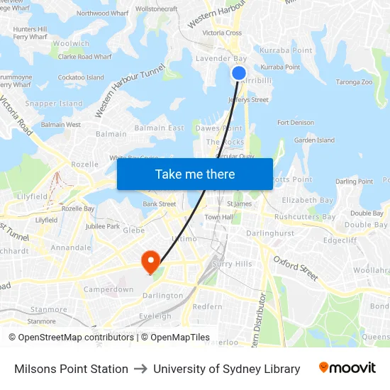 Milsons Point Station to University of Sydney Library map
