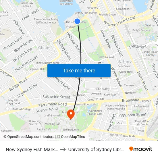 New Sydney Fish Market to University of Sydney Library map