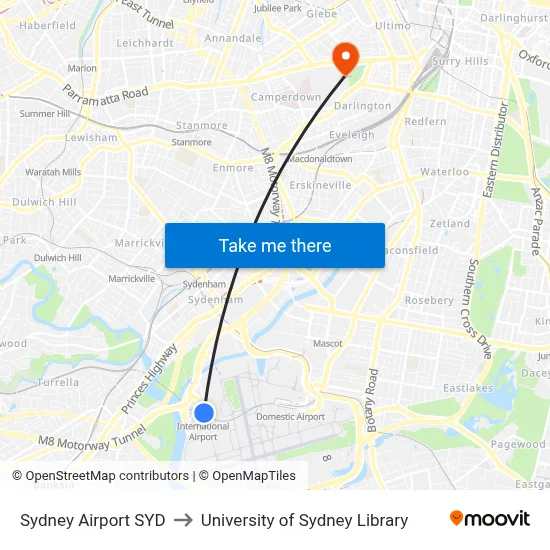 Sydney Airport SYD to University of Sydney Library map