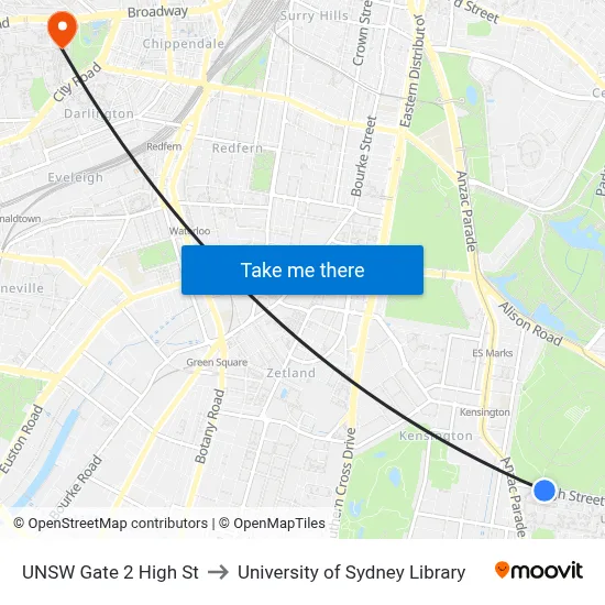 UNSW Gate 2 High St to University of Sydney Library map