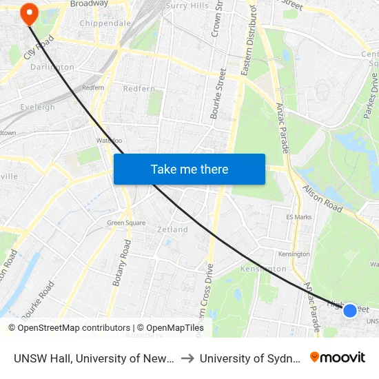 UNSW Hall, University of New South Wales to University of Sydney Library map