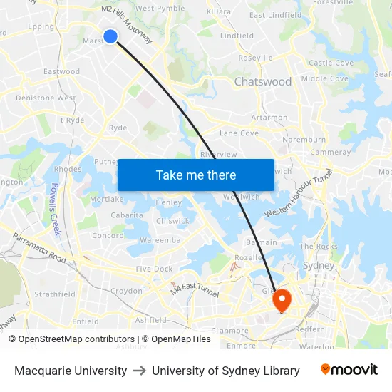 Macquarie University to University of Sydney Library map