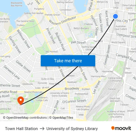 Town Hall Station to University of Sydney Library map