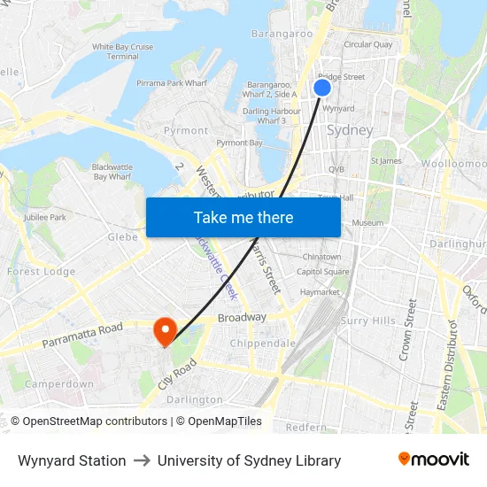 Wynyard Station to University of Sydney Library map