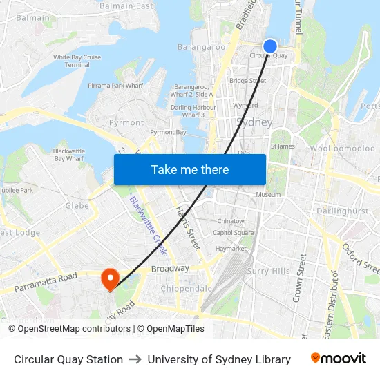 Circular Quay Station to University of Sydney Library map