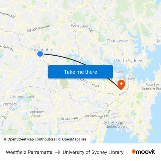 Westfield Parramatta to University of Sydney Library map