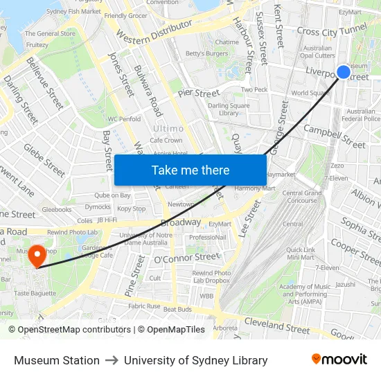 Museum Station to University of Sydney Library map