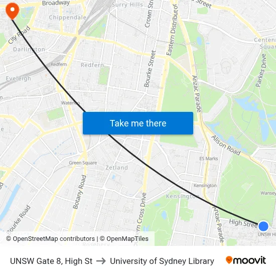 UNSW Gate 8, High St to University of Sydney Library map