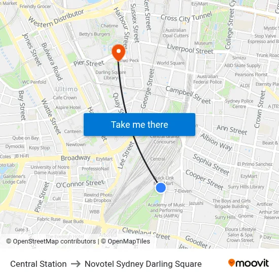 Central Station to Novotel Sydney Darling Square map