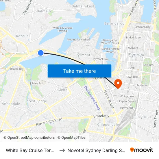White Bay Cruise Terminal to Novotel Sydney Darling Square map