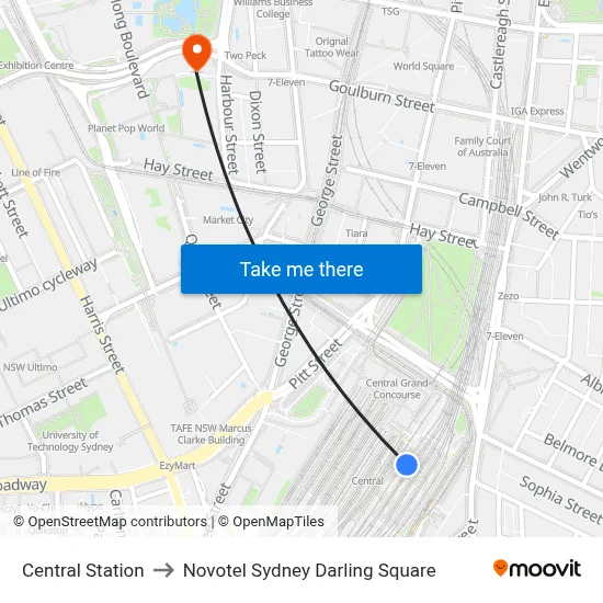 Central Station to Novotel Sydney Darling Square map